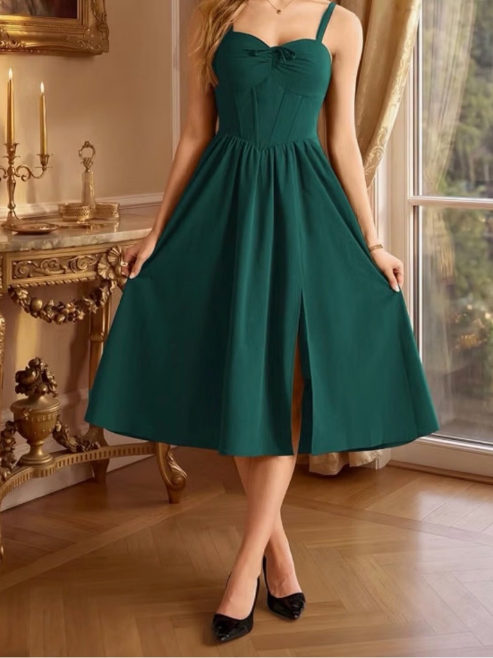Scarlet Darkness Forest Green Maxi Dress with Sweetheart Neckline and Bow - Picture 4 of 9